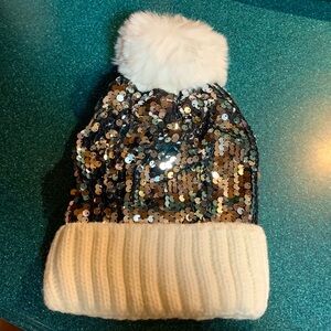 Sequined Pom Pom Knit Beanie Hat